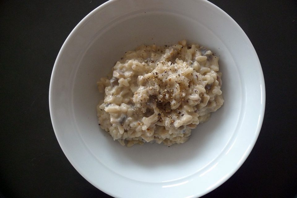 Mushroom risotto is surprisingly easy to make. It just takes a bit of stirring.