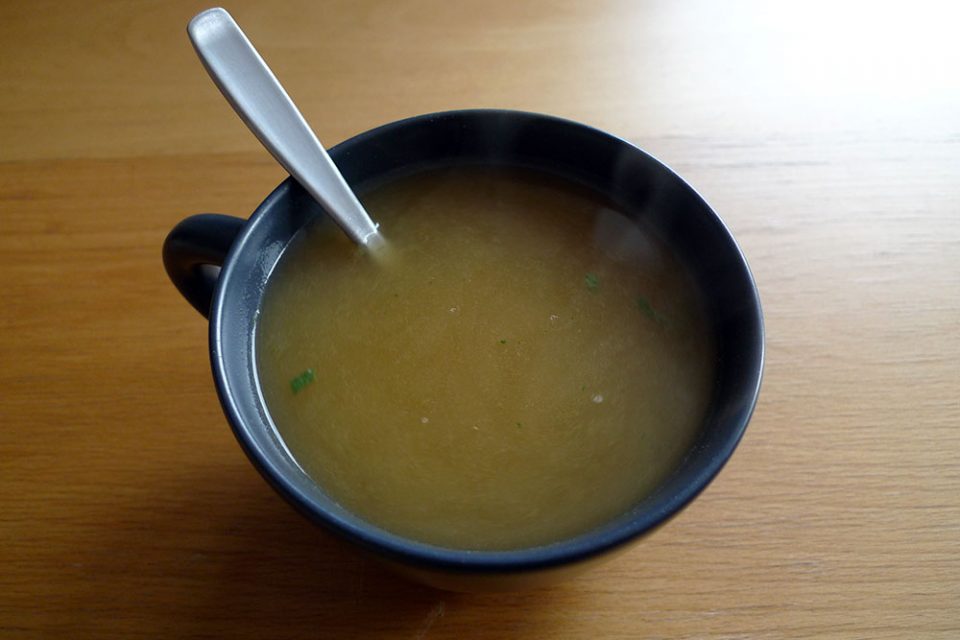 A cup of tasty instant soup is great with a sandwich on a cold, dreary day.